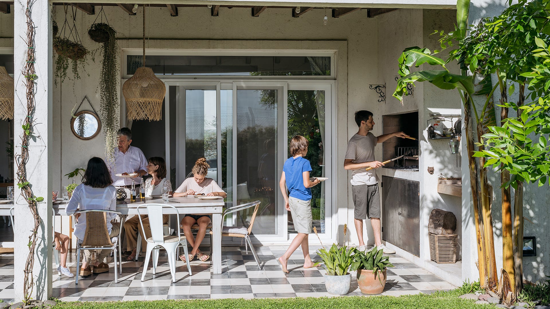 outdoor family making dinner